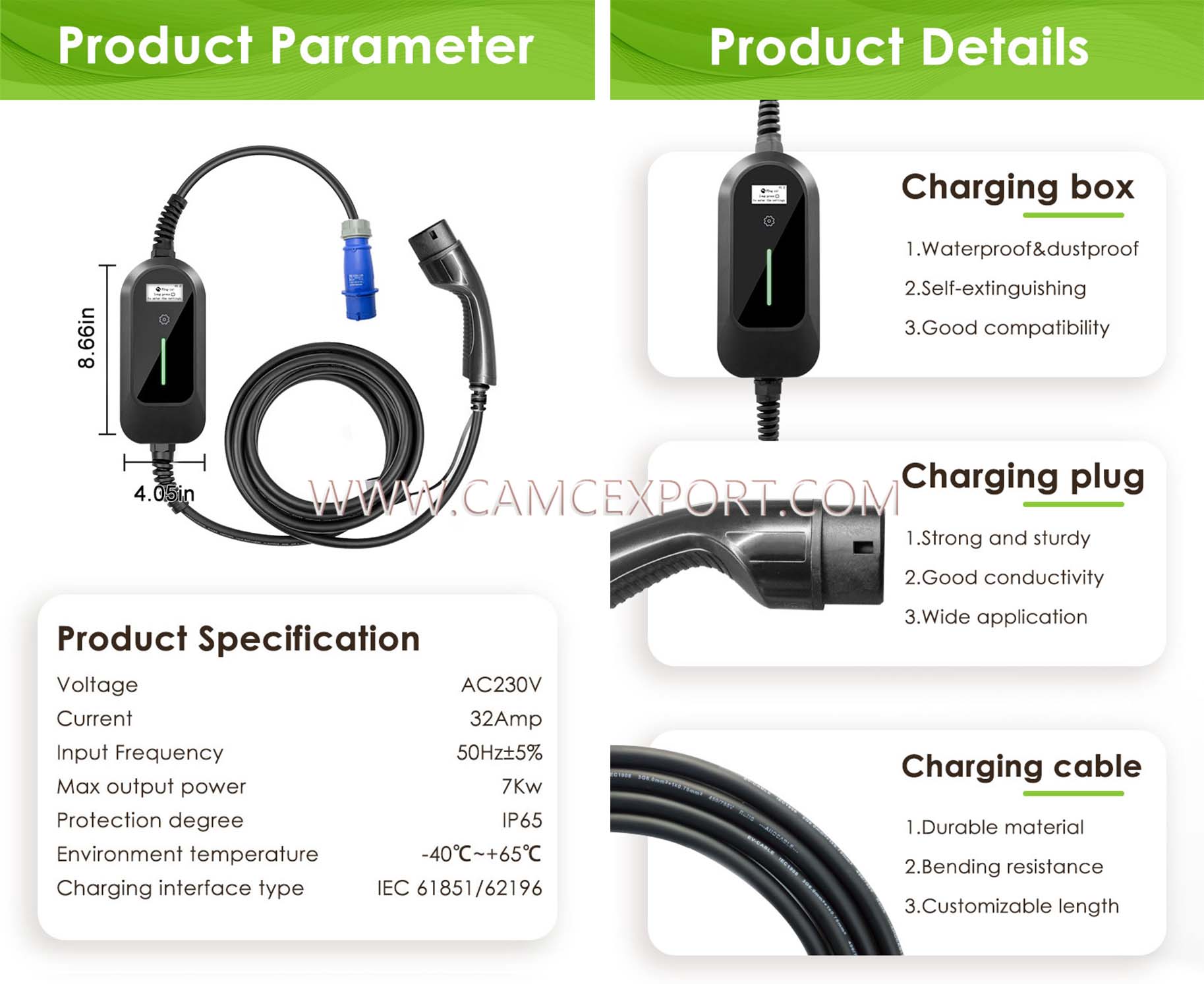 Detalles del cargador de veh&iacute;culo el&eacute;ctrico port&aacute;til AC 7kw